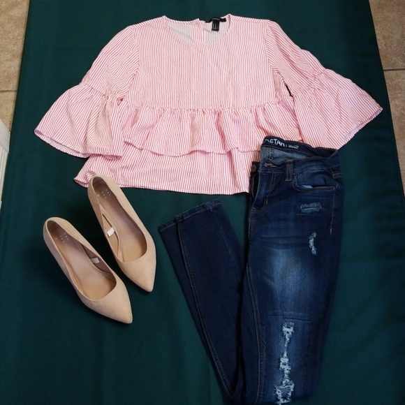 Red and White Striped Ruffled Top - Picture 1 of 2